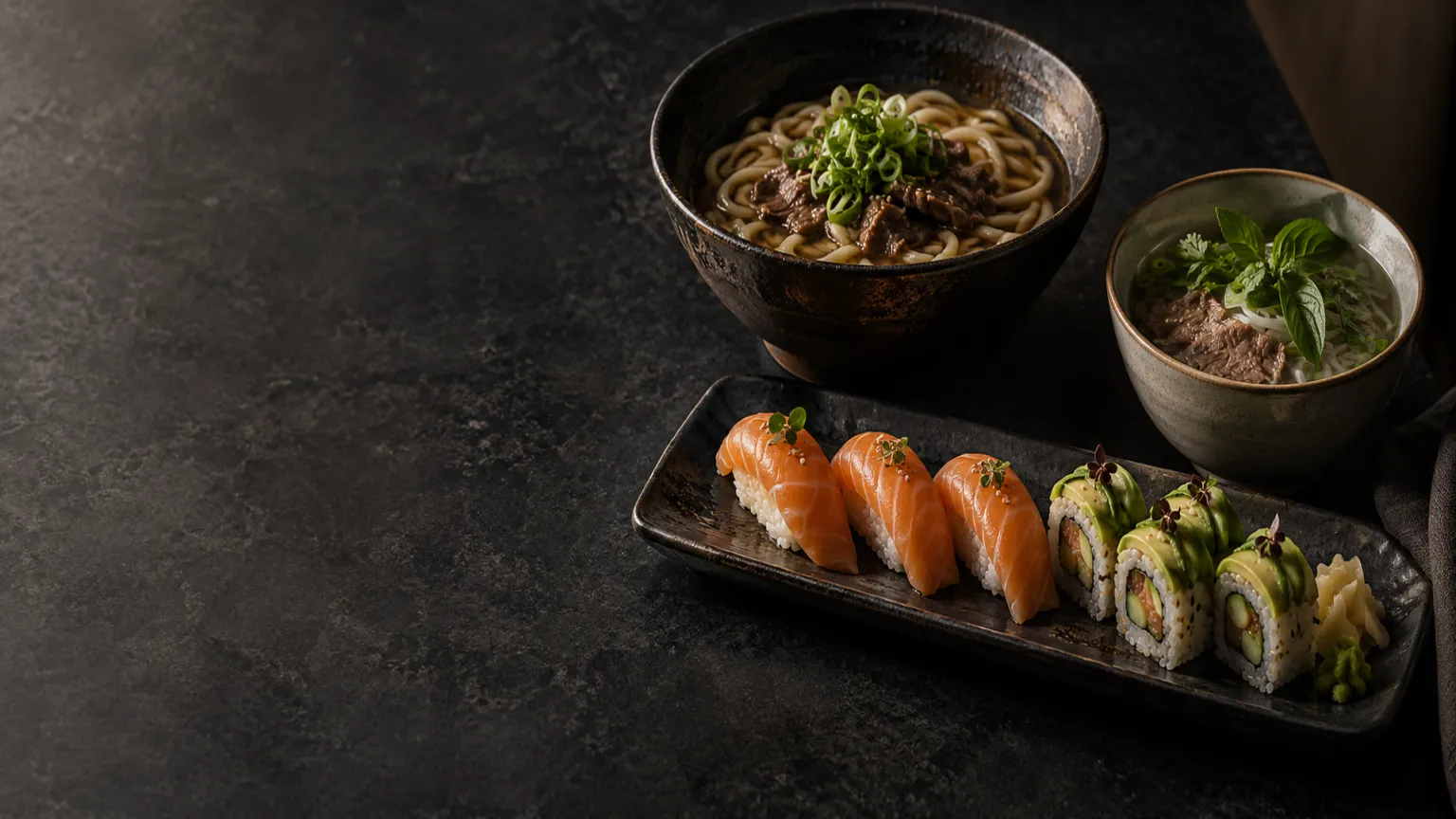 Sushi, udon a phở na tmavém kamenném stole